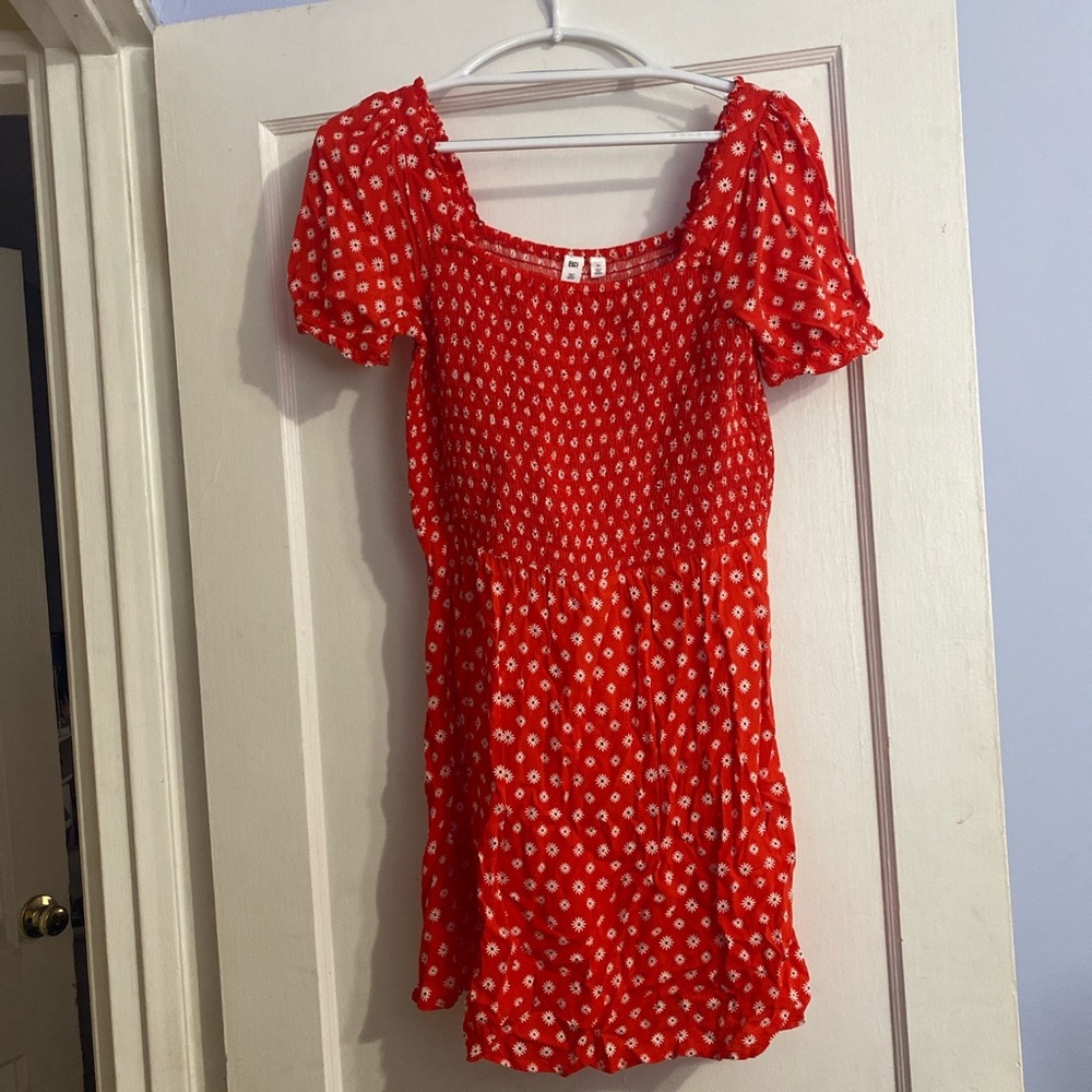 BP red dress with puff sleeves